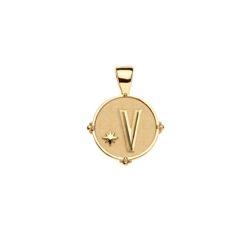 Gold letter V coin pendant with star detail