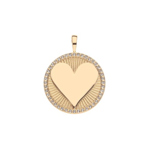 Front of gold heart coin with white topaz edge detail