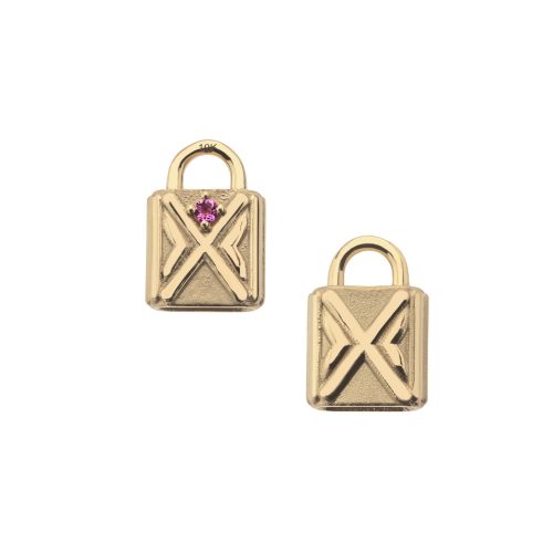 Front of letter X lock pendant with pink tourmaline detail and back also features letter X