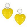 Gold heart drop earrings with mother of pearl top stud and large yellow agate heart drops featuring carved flowers