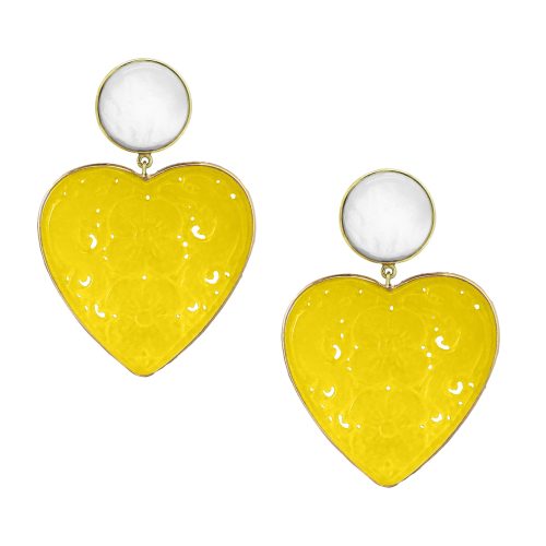 Gold heart drop earrings with mother of pearl top stud and large yellow agate heart drops featuring carved flowers