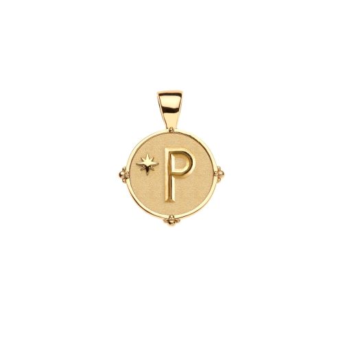 Gold letter P coin pendant with star detail