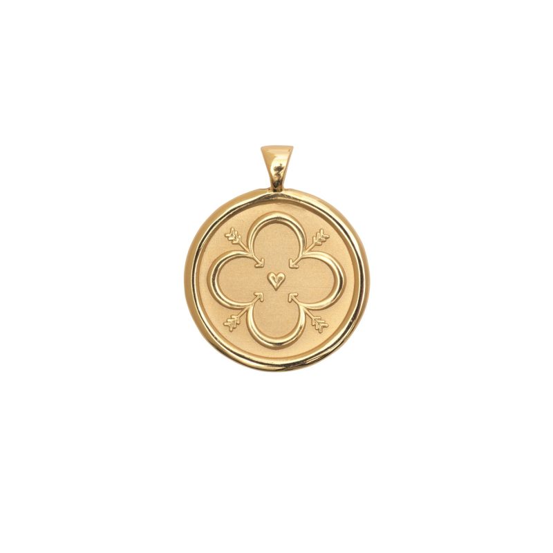 Gold Small Coin Pendant with Quatrefoil and heart illustration