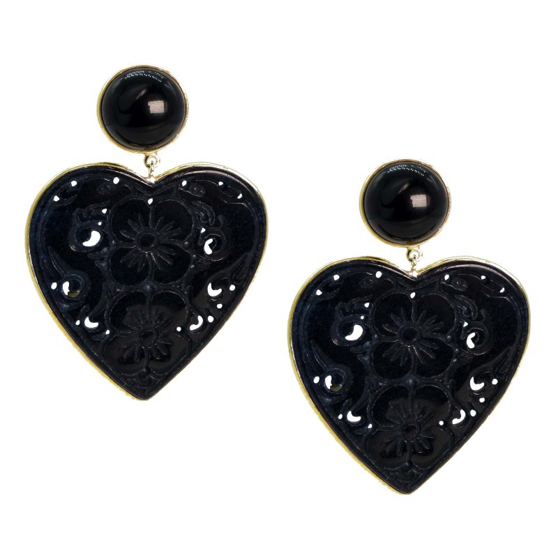 Gold heart drop earrings with onyx top stud and large black agate heart drops featuring carved flowers